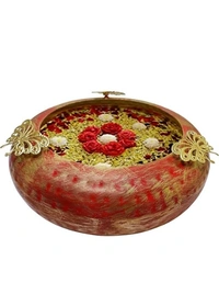 Handmade Designer Red color Bowl Set Urli For Flower Fotting - Red, Metal, Pack of 3